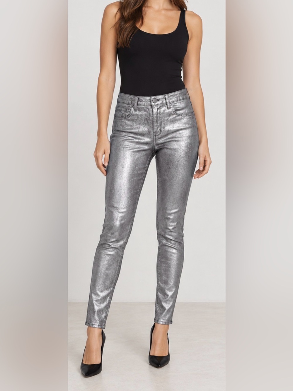L’AGENCE Silver Foil Metallic Coated Skinny Jeans Size 28